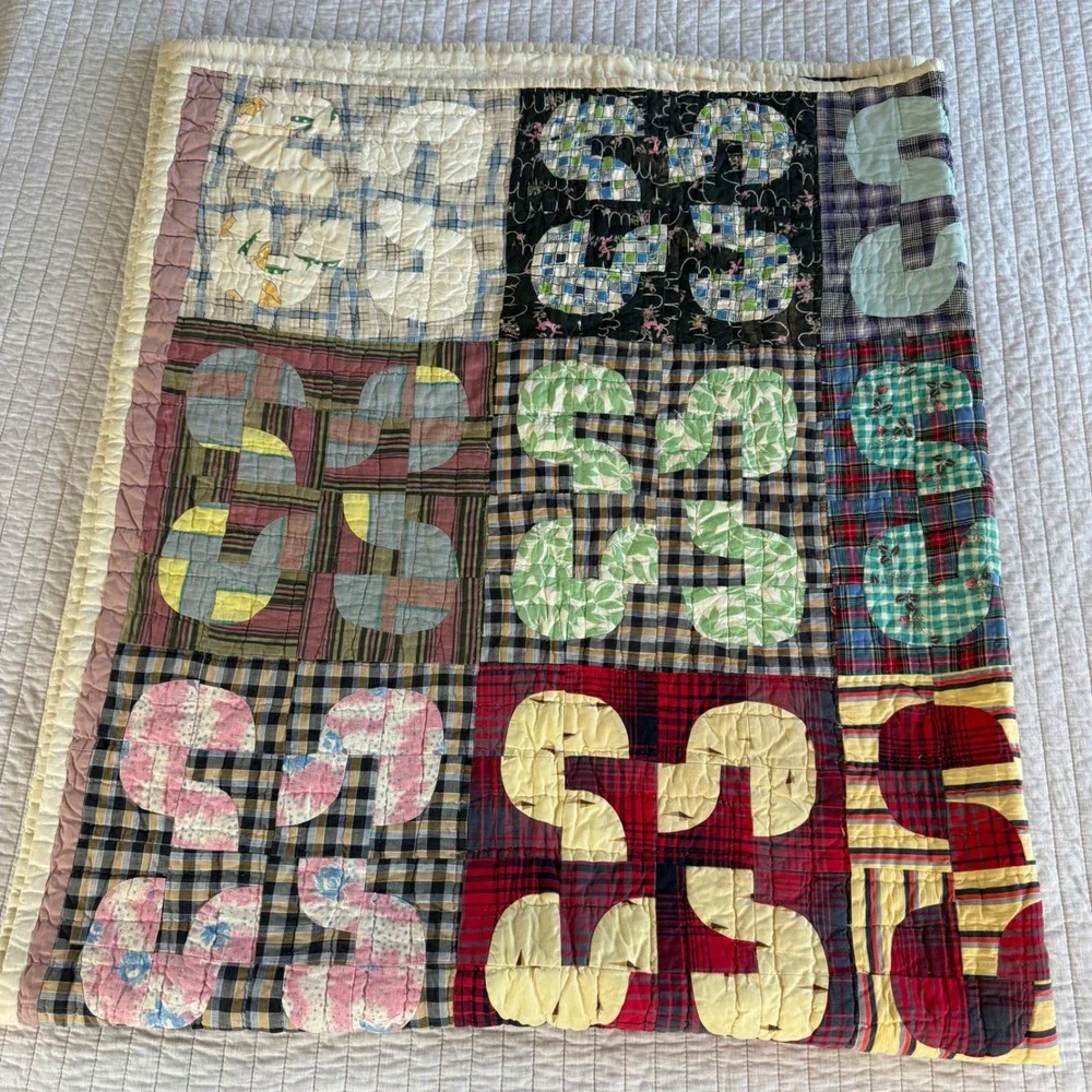 Vintage 1940s Robbing Peter to Pay Paul Quilt Hand Quilted Feedsack Patchwork